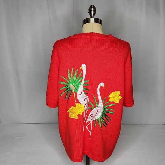 VTG Designers Studio Originals 2X Red Tropical Short Sleeve Sweater Embroidered - Picture 3 of 14